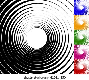 Abstract background set with concentric rotating lines. Spiral, vortex pattern in 5 colors plus black and white version