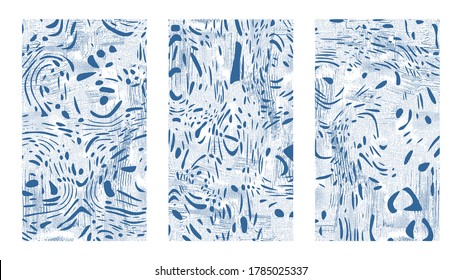 Abstract background set. Dynamical blue rippled surface, illusion, curvature. Liquid paint on canvas, full hd size for story, wide presentation