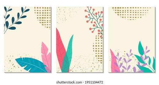 Abstract background set with floral elements and geometric shapes. Modern graphic design with leaves. Spring and summer poster, card, cover or banner template. Vector illustration.