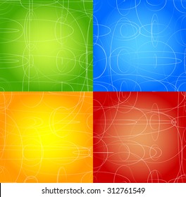 Abstract background set in four colors. Green, blue, orange, red and yellow vector backgrounds with thin lines.