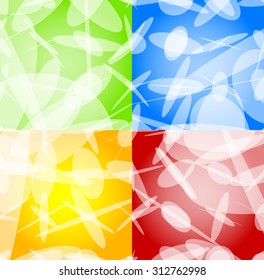 Abstract background set in four colors. Green, blue, orange, red and yellow vector backgrounds with white shapes.