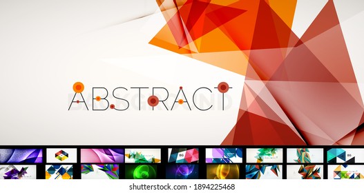 Abstract background set. Geometric minimal various designs - waves, triangles, lines and other shapes. Vector illustrations for placards, brochures, posters and banners