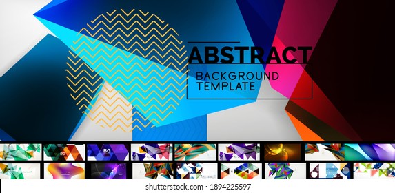 Abstract background set. Geometric minimal various designs - waves, triangles, lines and other shapes. Vector illustrations for placards, brochures, posters and banners