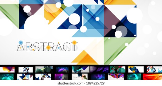 Abstract background set. Geometric minimal various designs - waves, triangles, lines and other shapes. Vector illustrations for placards, brochures, posters and banners