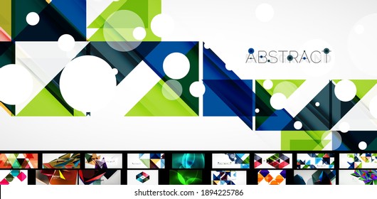 Abstract background set. Geometric minimal various designs - waves, triangles, lines and other shapes. Vector illustrations for placards, brochures, posters and banners