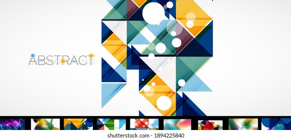 Abstract background set. Geometric minimal various designs - waves, triangles, lines and other shapes. Vector illustrations for placards, brochures, posters and banners