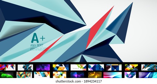 Abstract background set. Geometric minimal various designs - waves, triangles, lines and other shapes. Vector illustrations for placards, brochures, posters and banners