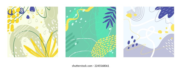 Abstract background set with hand drawn plants, lines and geometric shapes. Decor wall prints, flyer or menu design. Vector Template background set.
