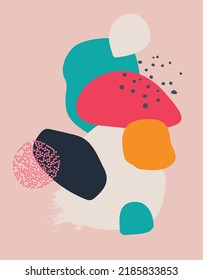 Antecedentes abstractos. Un conjunto de formas y hojas, puntos, puntos y líneas dibujadas a mano. Diferentes colores. Resumen de un patrón moderno sin costuras. Una ilustración moderna en el estilo de los mosaicos.
