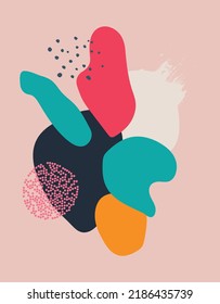 Abstract background. A set of hand-drawn various shapes and leaves, spots, dots and lines. Different colors. Abstract modern seamless pattern. A modern illustration in the patchwork style.