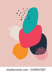 Abstract background. A set of hand-drawn various shapes and leaves, spots, dots and lines. Different colors. Abstract modern seamless pattern. A modern illustration in the patchwork style