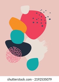 Abstract background. A set of hand-drawn various shapes and leaves, spots, dots and lines. Different colors. Abstract modern seamless pattern. A modern illustration in the patchwork style