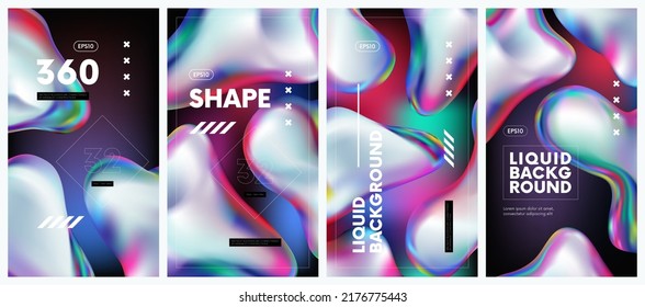 Abstract background set with liquid splash rainbow gasoline spill bubble, iridescent holographic gradient colorful fluid 3d shapes, Modern vector art