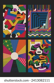 Abstract Background Set, Love 3d lettering, 1980s - 1990s Colors and Geometric Shapes, Psychedelic Space 