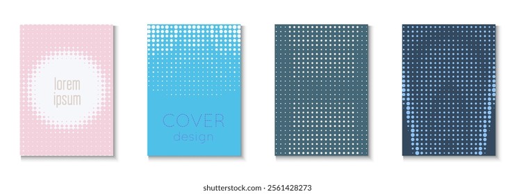 Abstract Background Set. Modern Shapes In Tech Layout. Futuristic Elements On Flat Page. Line Flyer. Minimalist Halftone Pattern. Geometric Dot Template. Trendy Abstract Background
