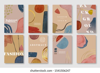 Abstract background set, modern watercolor ink shapes art collection. Trendy fashion print bundle with hand drawn natural and gold color templates for minimalist design.