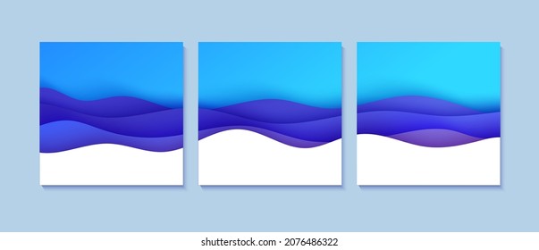 Abstract background set in paper cut style. 3d purple gradient colors waves and white wave with smooth shadow. Collection of vector cards with blue backdrop. Squared composition liquid papercut shapes