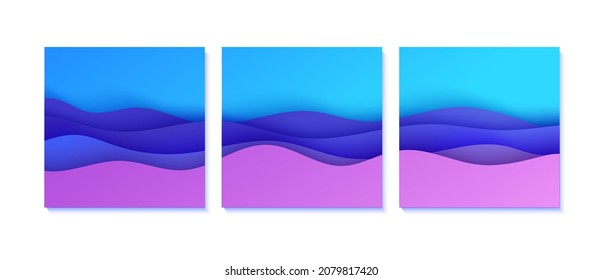 Abstract background set in paper cut style. 3d pink purple gradient colors waves with smooth shadow. Collection of vector cards with blue backdrop. Squared composition liquid papercut shapes