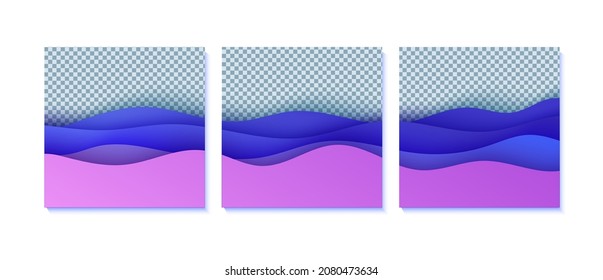 Abstract background set in paper cut style. 3d pink purple gradient colors waves with smooth shadow. Collection of vector cards with transparent backdrop. Squared composition liquid papercut shapes