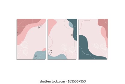 Conjunto de fondo abstracto con formas y líneas geométricas dibujadas a mano en color pastel y siluetas de hojas tropicales. Es bueno para decorar las estampas de las paredes, la cubierta, la invitación, la pancarta, el cartel, el volante y otros.