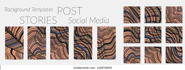 Abstract background set for social media post stories. Vector digital art backdrop. Wavy lines and grid texture. Optical art  pattern. Minimal modern design for marketing technology.