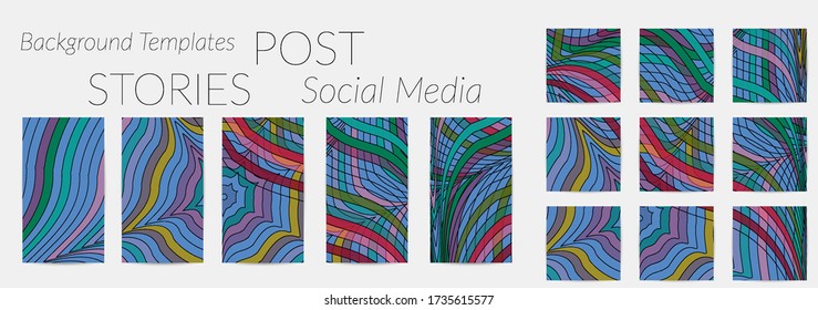 Abstract background set for social media post stories. Vector digital art backdrop. Wavy lines and grid texture. Optical art  pattern. Minimal modern design for marketing technology.