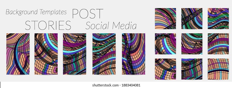 Abstrakter Hintergrund für Social Media-Post-Geschichten. Vektorgrafik-Hintergrund für digitale Kunst. Wavy Linien und Gitterstruktur. Optisches Kunstmuster. Minimal modernes Design für Marketing-Technologie.