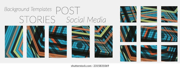 Abstract background set for social media post stories. Vector digital art backdrop. Wavy lines and grid texture. Optical art  pattern. Minimal modern design for marketing technology.