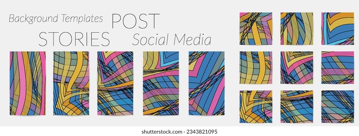 Abstract background set for social media post stories. Vector digital art backdrop. Wavy lines and grid texture. Optical art  pattern. Minimal modern design for marketing technology.