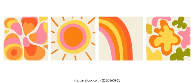 Conjunto de fondo abstracto. Fondo de estilo retro cuadrado, afiche hippie, colores naranja rosado y amarillo, manchas de pintura, sol y arco iris, publicaciones en medios sociales temblar, pancarta vintage, ilustración vectorial