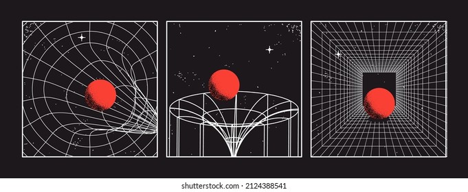 Abstract background set with teleportation or molecular physics concept with vintage styled grid funnel  and tunnel and red ball going through it on black background. Vector illustration