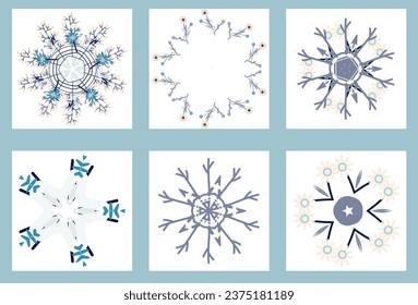abstract background set with winter flowers, snowflakes 