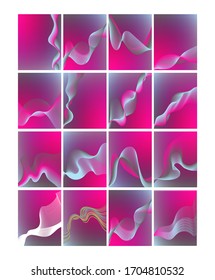 Fondo abstracto en tonos magenta. Fondo suave de ruby, ilustración vectorial. Conjunto de 16 hermosas cubiertas con cintas que fluyen