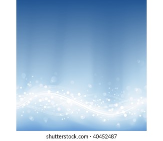 Abstract background in shades of pale blues with blurry light dots and wavy lines. Background made by blend and clipping mask.