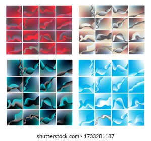 Abstract background in shades of red, blue, brown, Aqua colors. Bright smooth backdrop, vector illustration. Set of 64 beautiful covers with fluttering ribbons.