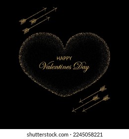 Abstract background in the shape of a golden heart and arrows on a black background, shiny gold dust design element