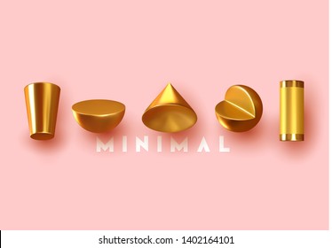 Abstract background with shapes 3d. Pattern with geometric figures. Creative design poster, minimal art trendy vector illustration. Golden Realistic isometric elements of design