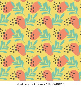Abstract background with shapes, blue branches and dots on yellow background, vector seamless pattern.