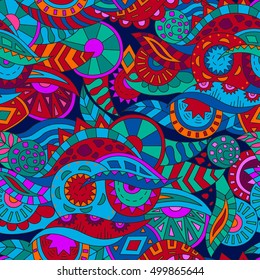 Abstract Background with Shapes, Leaves and Circles. Seamless Pattern, Vector Ornament for Fabric.