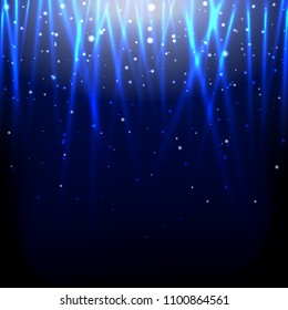 Abstract background with shining bright blue stripes and particles. Magic lights backdrop.  Vector illustration for your graphic