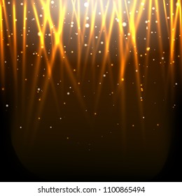 Abstract background with shining bright golden stripes and particles. Magic lights backdrop.  Vector illustration for your graphic