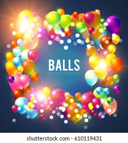 Abstract Background with Shining Colorful Balloons Frame. Birthday, Party, Presentation, Sale, Anniversary and Club Design with Bokeh Elements, Happy Banner. Vector illustration
