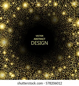 Abstract background from the shining gold particles on a black background. Dark chasm. Space black hole. Futuristic concept. Vector illustration.