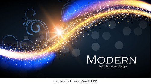 Abstract Background with Shining Wave Light Effect with Glitter and Bokeh. Vector illustration 