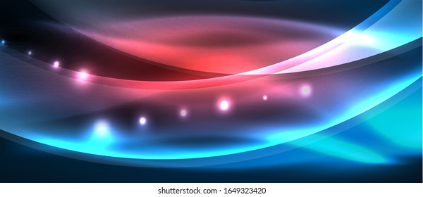  Antecedentes abstractos. El diseño brillante de las olas de neón con efectos de luz, el diseño tecnológico de moda. Ilustración vectorial para papel tapiz, pancarta, fondo, tarjeta, ilustración del libro, página de inicio