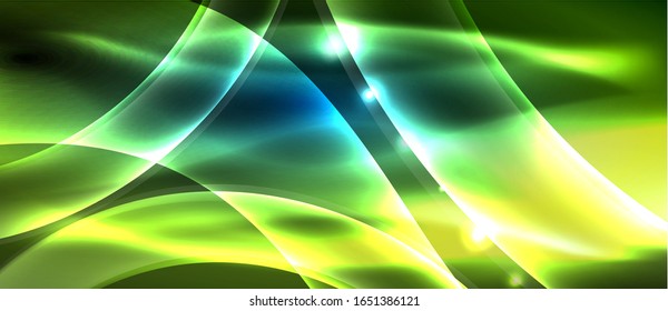 Resumo. Ondas de néon de design brilhante com efeitos de luz, design na moda techno. Ilustração vetorial para papel de parede, banner, plano de fundo, cartão, ilustração de livro, página inicial