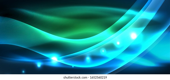  Antecedentes abstractos. El diseño brillante de las olas de neón con efectos de luz, el diseño tecnológico de moda. Ilustración vectorial para papel tapiz, pancarta, fondo, tarjeta, ilustración del libro, página de inicio