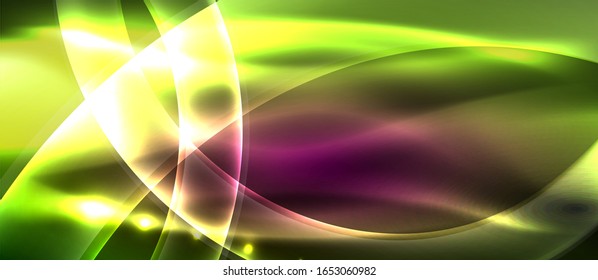 Antecedentes abstractos. El diseño brillante de las olas de neón con efectos de luz, el diseño tecnológico de moda. Ilustración vectorial para papel tapiz, pancarta, fondo, tarjeta, ilustración del libro, página de inicio