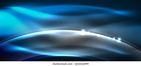  Antecedentes abstractos. El diseño brillante de las olas de neón con efectos de luz, el diseño tecnológico de moda. Ilustración vectorial para papel tapiz, pancarta, fondo, tarjeta, ilustración del libro, página de inicio