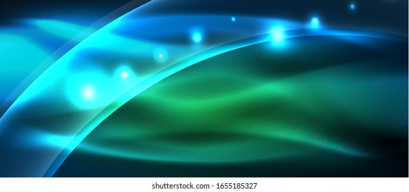  Antecedentes abstractos. El diseño brillante de las olas de neón con efectos de luz, el diseño tecnológico de moda. Ilustración vectorial para papel tapiz, pancarta, fondo, tarjeta, ilustración del libro, página de inicio